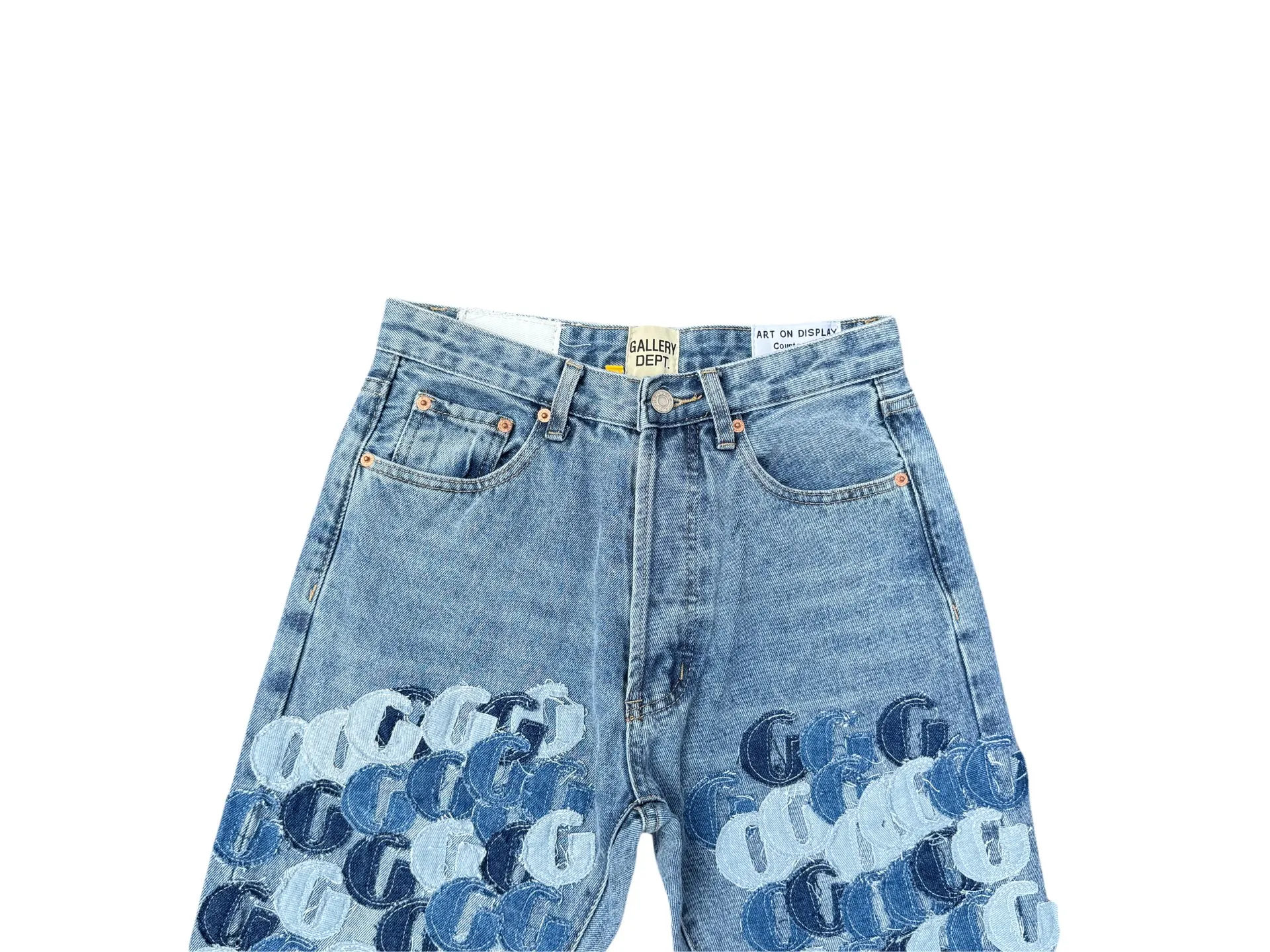 P286💰G77 GALLERY DEPT.G letter patch pudding 5001 denim washed and distressed spliced jeans -Original purchase and pattern making to truly restore the ultimate vintage texture -Original hardware accessories, washed and other elevators, QR code analysis are all purchased from the original factory, high degree of restoration, you are welcome to compare the products~ -Three-dimensional version, loose and comfortable, not picky about the figure, taller and slimmer, factory Seiko, original factory quality control, same style for men and women, can be matched with couples Versatile recommendation: must-have jeans for all seasons Color: blue Size: S-XXL (28-36)
